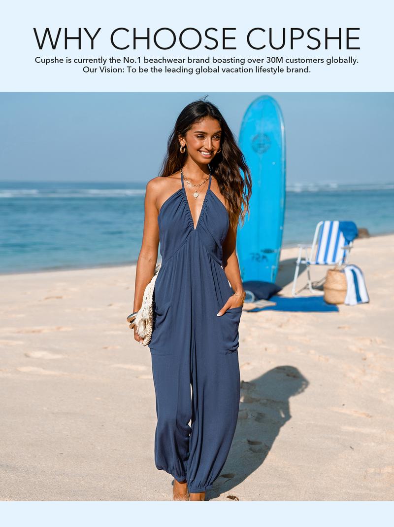 Plunge Halter Wide Leg Jumpsuit with Pockets